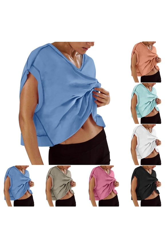 Women Short Sleeve Workout Shirts Open Back Tops Casual Yoga Athletic Gym Slouchy Crop Running Tees