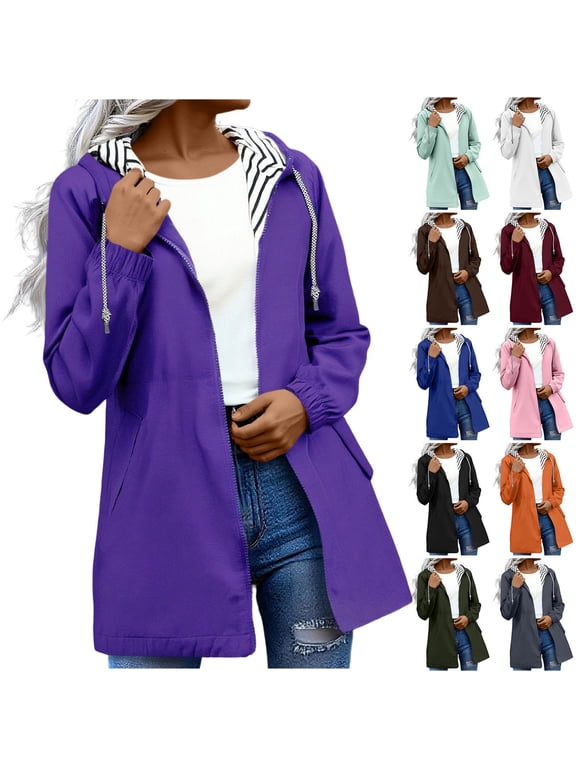 Women's Solid Raincoats Lightweight Waterproof Rain Jackets Windbreaker Hooded Coat with Pockets for Travel Outdoor