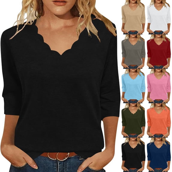 Auralook Women Summer Solid Tops Loose Fit Wave-shaped Neckline Causual Crewneck 3/4 Sleeves T-Shirt