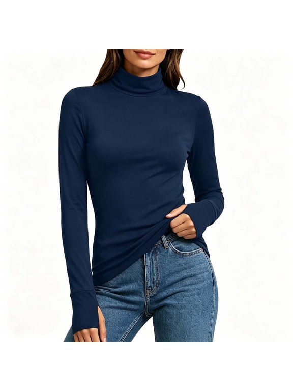Women Turtleneck Long Sleeve Thermal Tops Ladies Base Layer Undershirt for Winter Cold Weather with Thumb Holes