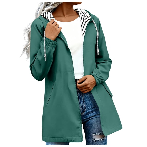 Auralook Women Waterproof Long Hooded Raincoat Windbreaker Travel Jacket with Pocket Lightweight Fall Trench Coats