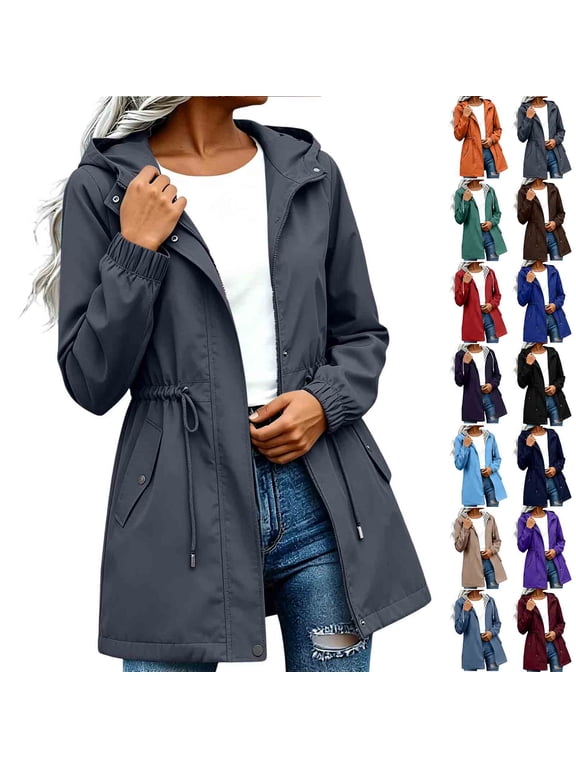 Women Waterproof Long Hooded Raincoat Windbreaker Travel Jacket with Pocket Lightweight Fall Trench Coats