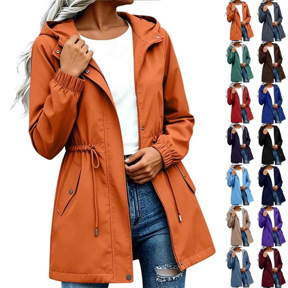 Auralook Women Waterproof Long Hooded Raincoat Windbreaker Travel Jacket with Pocket Lightweight Fall Trench Coats