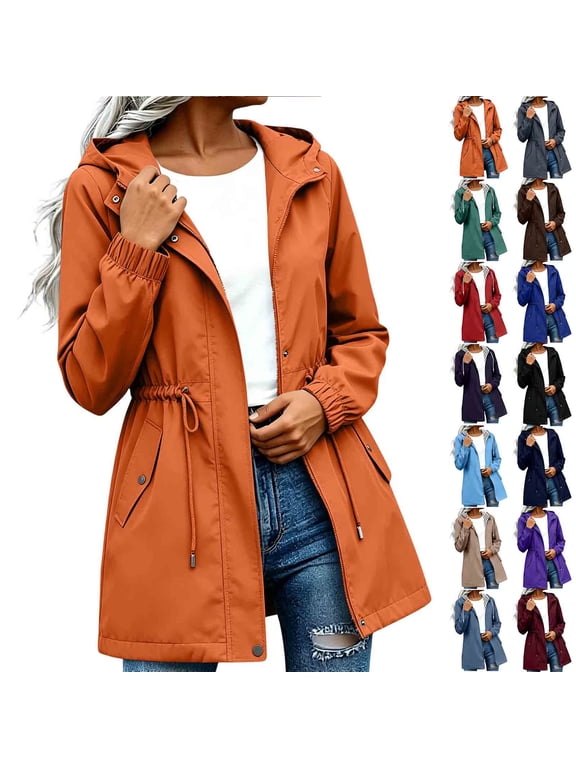 Women Waterproof Long Hooded Raincoat Windbreaker Travel Jacket with Pocket Lightweight Fall Trench Coats