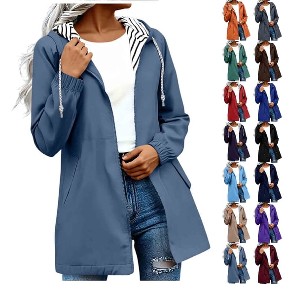 Auralook Women Waterproof Long Hooded Raincoat Windbreaker Travel Jacket with Pocket Lightweight Fall Trench Coats