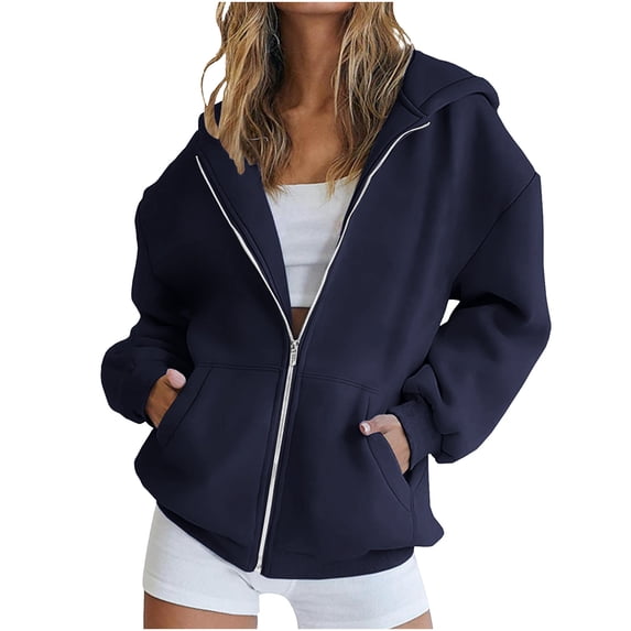 Auralook Women’s Solid Full‑Zip Hooded Sweatshirt Jacket Casual Fall Winter Long Sleeve Zip‑Up Hoodie Coat with Pockets