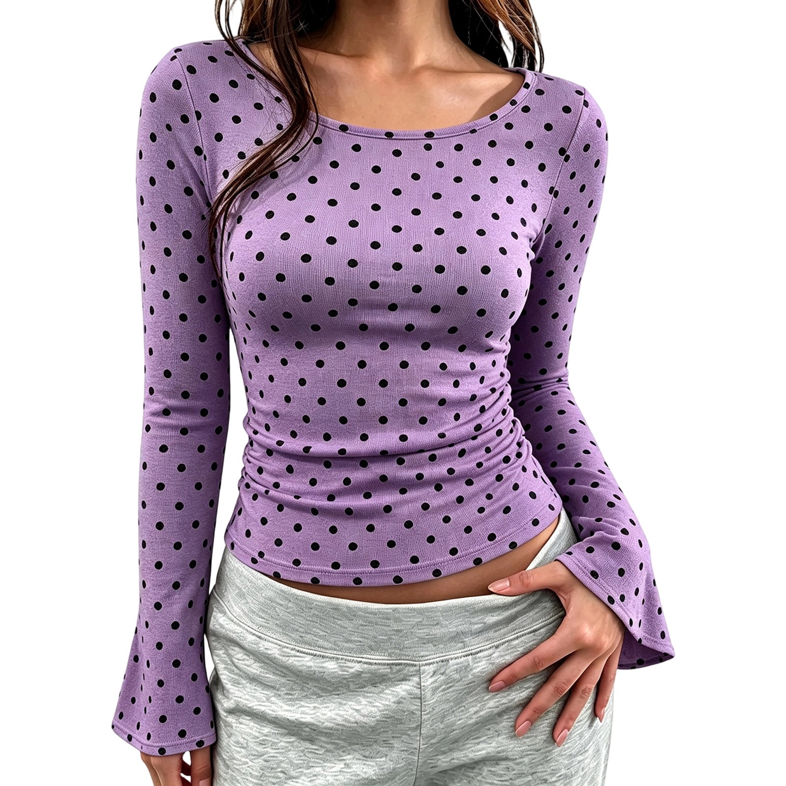Auralook Women's Bell Sleeve Crop Tops Fashion Polka Dots Crewneck ...
