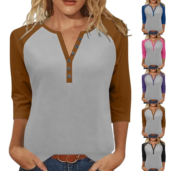 Auralook Women's Button V-neck Three Quarter Sleeve 3/4 Sleeve Raglan T-shirt Loose Top