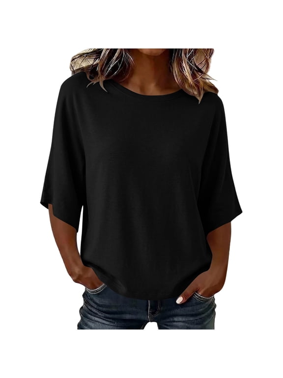 Women's Casual 3/4 Sleeve T-Shirts Round Neck Tunic Tops Basic Tee Loose Fit Pullover Blouses