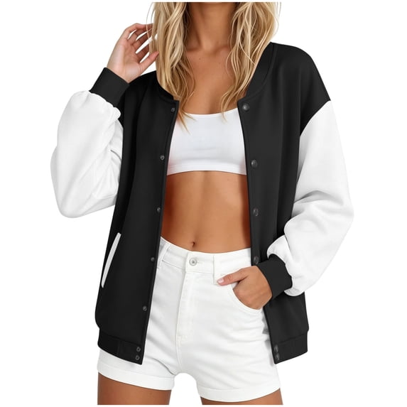 Auralook Women’s Color‑Block Raglan Sleeve Baseball Jacket Crew Neck Button Casual Outerwear with Side Pockets