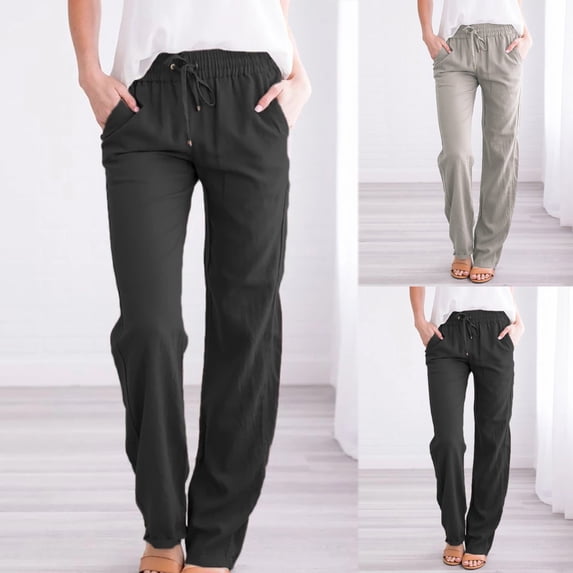 Auralook Women's Cotton Linen Pants Straight Leg Drawstring Pants Summer Loose Casual Beach Wide Leg Trousers with Pockets