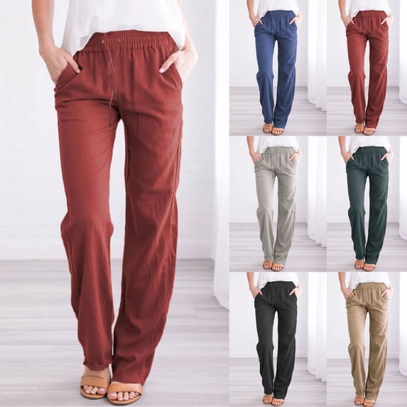 Auralook Women's Cotton Linen Pants Straight Leg Drawstring Pants ...