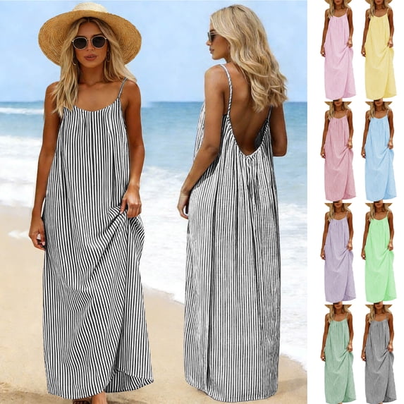 Auralook Women's Cotton Linen Plaid Open Back Spaghetti Strap Beach Maxi Dress Loose Flowy Vacation Sundress