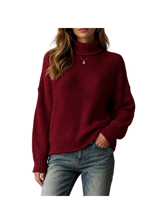 Women's Fall And Winter Fashion Fashion Loose Solid Color Turtleneck Long Sleeve Pullover Sweater Top