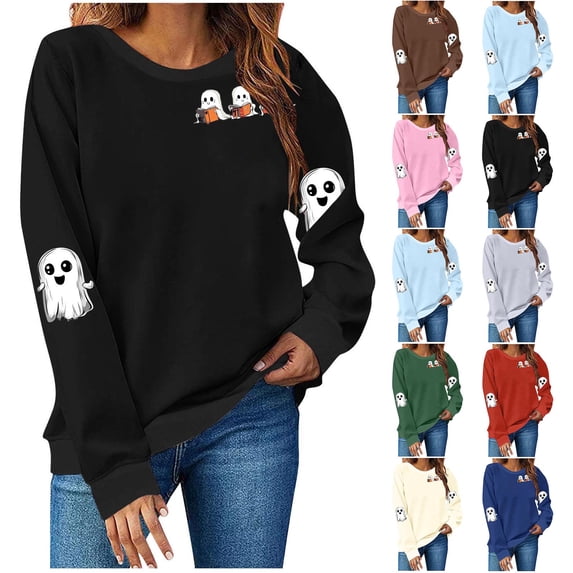 Auralook Womens Halloween Long Sleeve Tunic Tops Funny Print Loose Fit Pullover T Shirts Roundneck Hoodless Sweatshirts