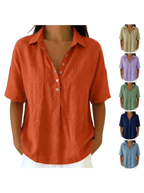 Women's Fashionable Casual Linen Color Turtleneck Long-sleeved Button And Snap V-neck Top Short-sleeved V-neck Top/shirt
