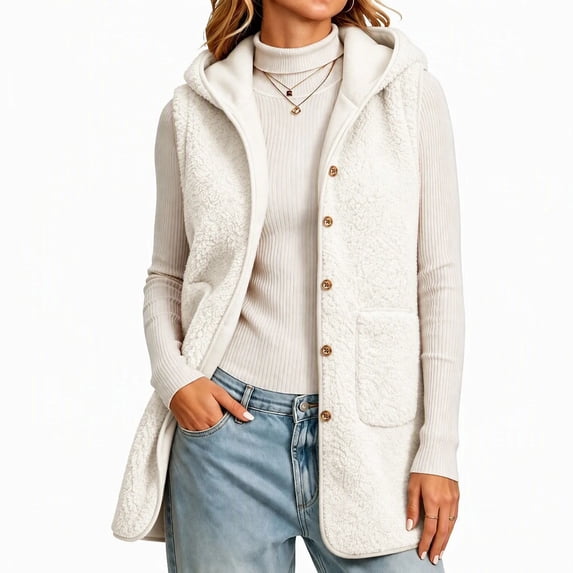 Auralook Women's Fleece Vest Outerwear Sleeveless Lightweight Button Hooded Jackets Warm Soft Vests with Pockets