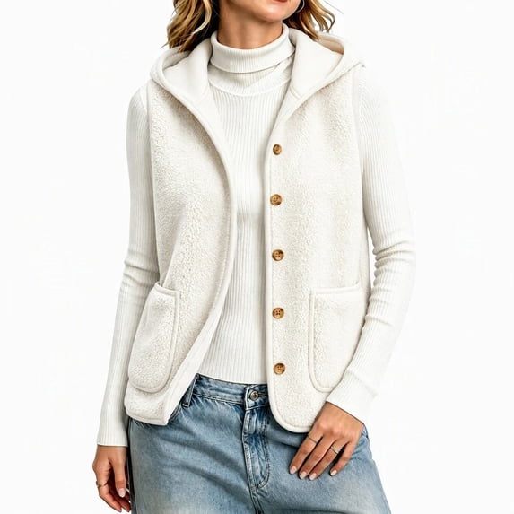 Auralook Women's Fleece Vest Outerwear Sleeveless Lightweight Button Hooded Jackets Warm Soft Vests with Pockets