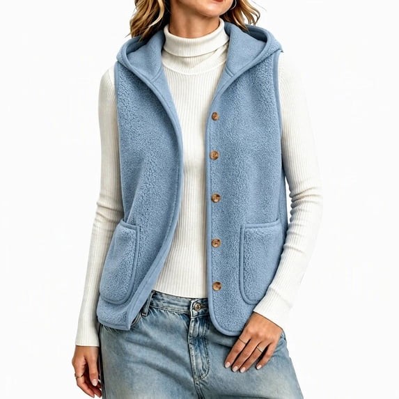 Auralook Women's Fleece Vest Outerwear Sleeveless Lightweight Button Hooded Jackets Warm Soft Vests with Pockets
