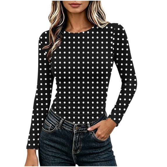Auralook Women's Long Sleeve Crew Neck Crop Top Slim Fit Polka Dots TShirts Stretchy Gathering Tee Base Layering Daily Wear