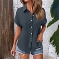 thumbnail image 1 of Auralook Women's Solid Button Down Shirt with Pockets Short Sleeve Casual Blouse Shirts V Neck Collared Tops Button Up Casual Blouses Top,Dark Gray,L, 1 of 7