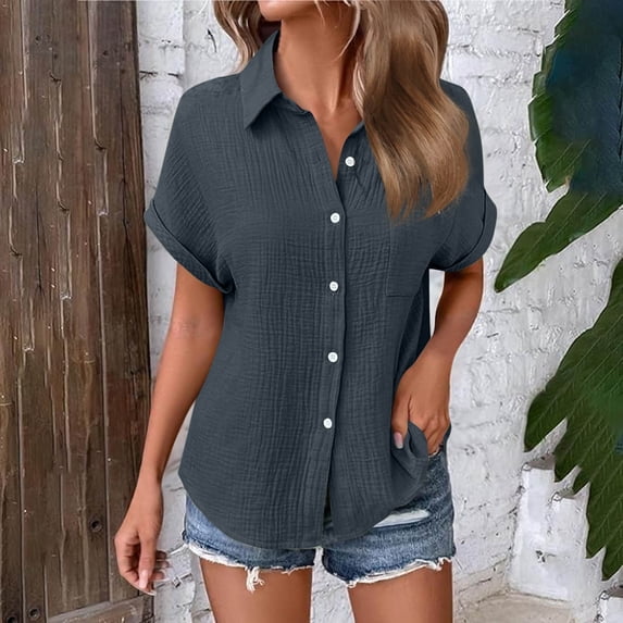 Auralook Women's Solid Button Down Shirt with Pockets Short Sleeve Casual Blouse Shirts V Neck Collared Tops Button Up Casual Blouses Top,Dark Gray,L