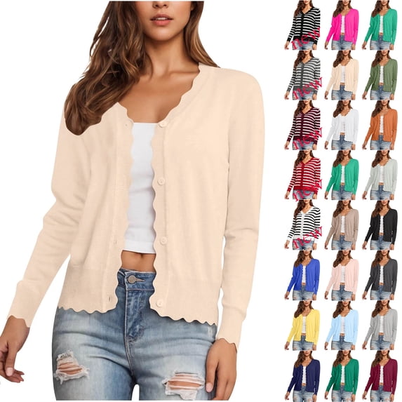 Auralook Women's Solid Long Sleeve V-Neck Button Down Cardigan Knit Sweater Cardigan V-Neck Hoodless Casual Outwear