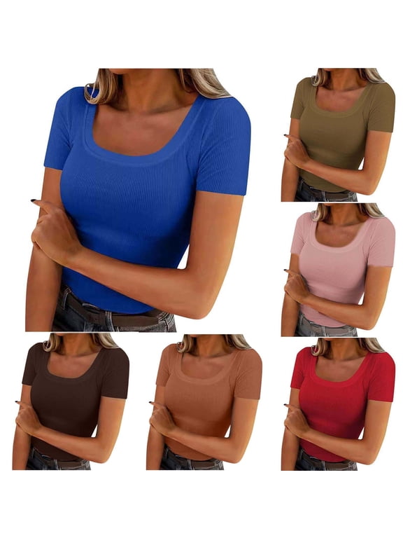 Women's Solid Tops Summer Short Sleeve Round Neck Casual Loose Cropped T-Shirts Solid Basic Tees