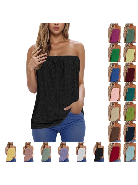 Women's Tube Tops Summer Casual Bandeau Tank Sleeveless Shirt Casual Strapless Blouse Off The Shoulder Tunic Shirts