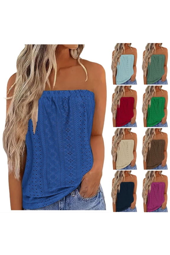 Women's Tube Tops Summer Casual Bandeau Tank Sleeveless Shirt Casual Strapless Blouse Off The Shoulder Tunic Shirts
