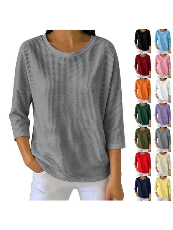 Women’s Waffle Knit 3/4 Sleeve Solid Crew Neck Top Loose Fit Casual Blouse Lightweight Fall Layering Shirt