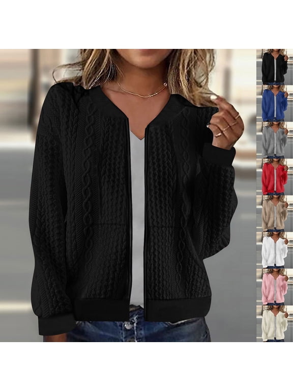 Womens Cable Knit Zip‑Up Hooded Cardigan Long Sleeve Sweater Jacket with Pockets Casual Warm Fall Outerwear