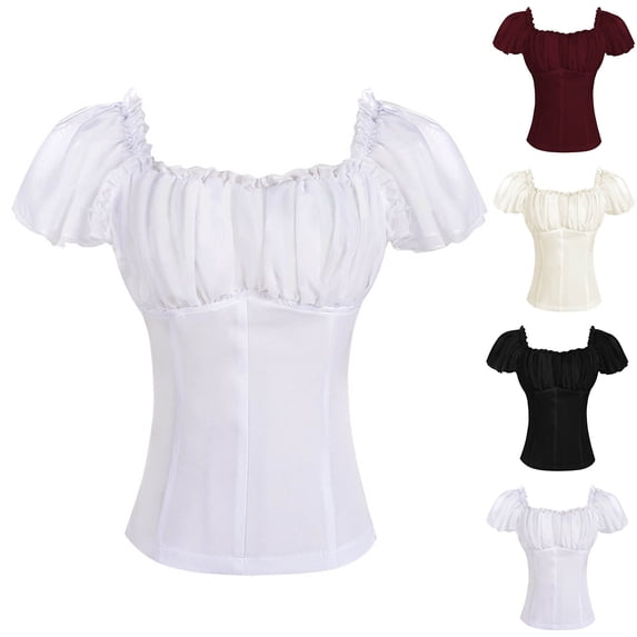 Auralook Womens Casual V-neck Puff Half Sleeve Tops Pleated Loose Basic Summer T Shirts Blouses
