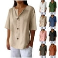 thumbnail image 1 of Auralook Womens Linen Button Down Shirt Casual 3/4 Sleeve Cotton Blouse Loose Fit Round Neck Work Tops, 1 of 7