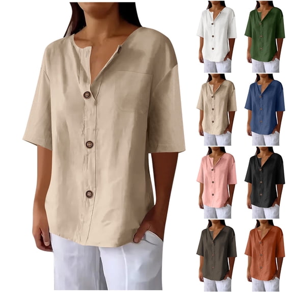 Auralook Womens Linen Button Down Shirt Casual 3/4 Sleeve Cotton Blouse Loose Fit Round Neck Work Tops