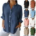 thumbnail image 1 of Auralook Womens Linen Button Down Shirt Casual Long Sleeve Cotton Blouse Loose Fit Collared Work Tops with Pocket, 1 of 7