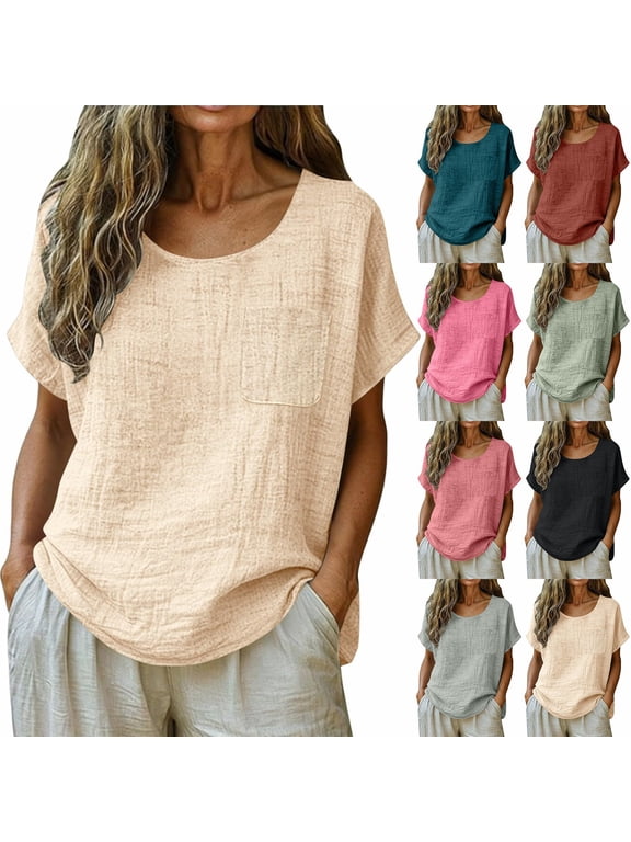 Womens Linen Tops Short Sleeve Round Neck Tee Shirts Cute Dressy Casual Clothing Business Work Blouse