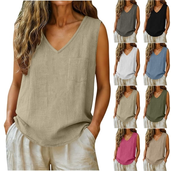 Auralook Womens Linen V-Neck Crop Tops Summer Casual Loose Cotton Linen Sleeveless Tank Top