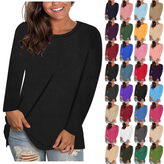 Auralook Womens Long Sleeve Oversized Round Neck Tshirts Plus Size Crewneck Casual Tunic Tops Trendy Loose Fit Basic Tees