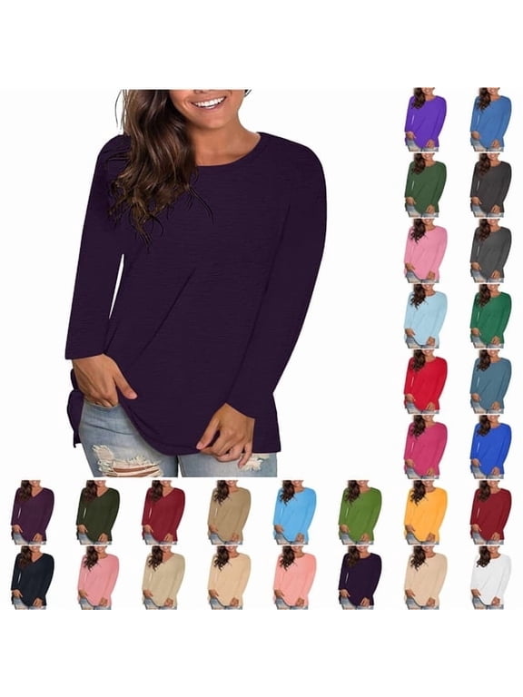 Womens Long Sleeve Oversized Round Neck Tshirts Plus Size Crewneck Casual Tunic Tops Trendy Loose Fit Basic Tees