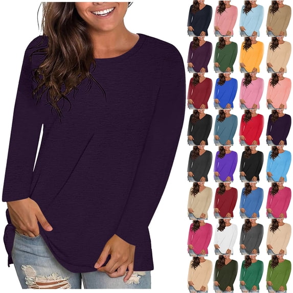 Auralook Womens Long Sleeve Oversized Tshirts Plus Size Crewneck Casual Tunic Tops Trendy Loose Fit Basic Tees