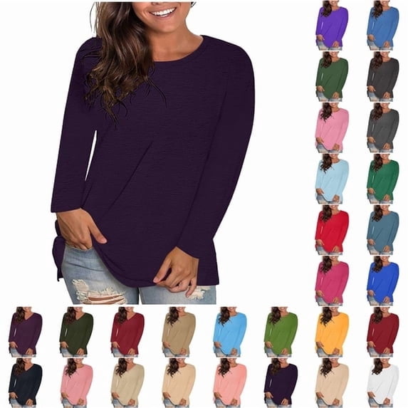 Auralook Womens Long Sleeve Oversized Tshirts Plus Size Crewneck Casual Tunic Tops Trendy Loose Fit Basic Tees
