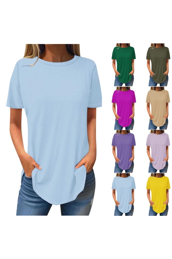 Womens Round Neck Solid Short Sleeve Top Curved Hem Blouses Sexy Slim Fit Tee Shirts Spring Summer Fashion Casual T Shirts