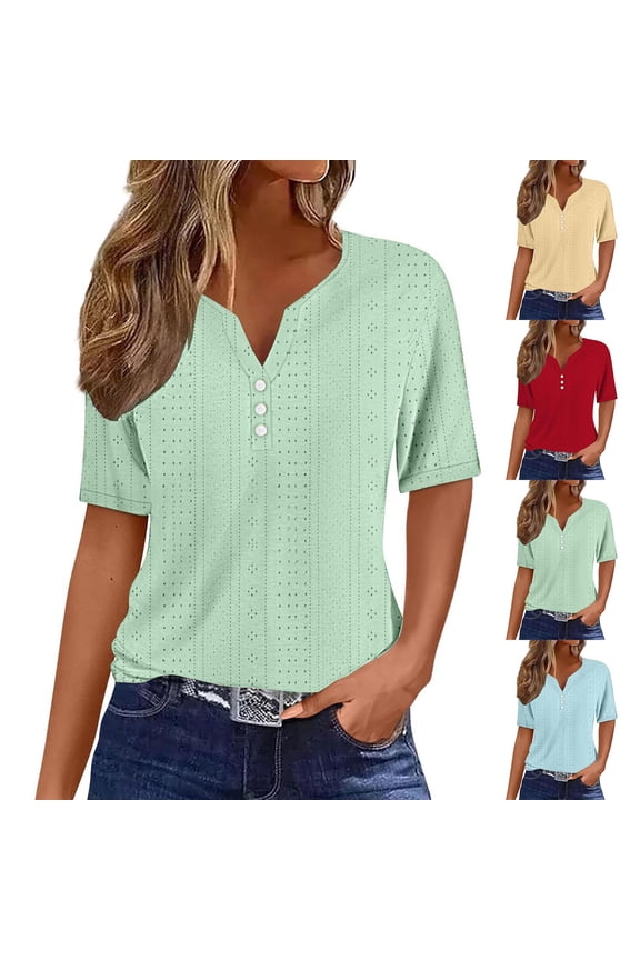 Womens Short Sleeve Tunic Tops Dressy Casual Solid V Neck Shirts Trendy Flowy Blouse Tees,Light Blue,M