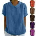 thumbnail image 1 of Auralook Womens Solid Button Down Shirts Short Sleeve Summer Cotton Linen Loose Lapel Doll Collar Blouses Casual Tops, 1 of 7
