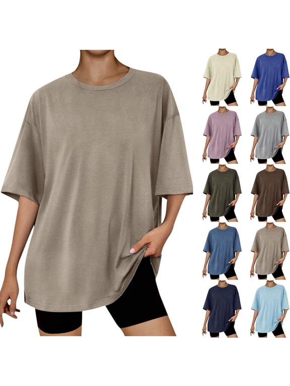 Womens Solid Oversized T Shirts Crewneck Short Sleeve Tops Casual Loose Fit Drop Shoulder Fashion Top Tees