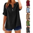 thumbnail image 1 of Auralook Womens Solid Short Sleeve Button Down Shirts Cotton Linen Short Sleeve Tops V Neck Casual Loose Fit Blouses, 1 of 5