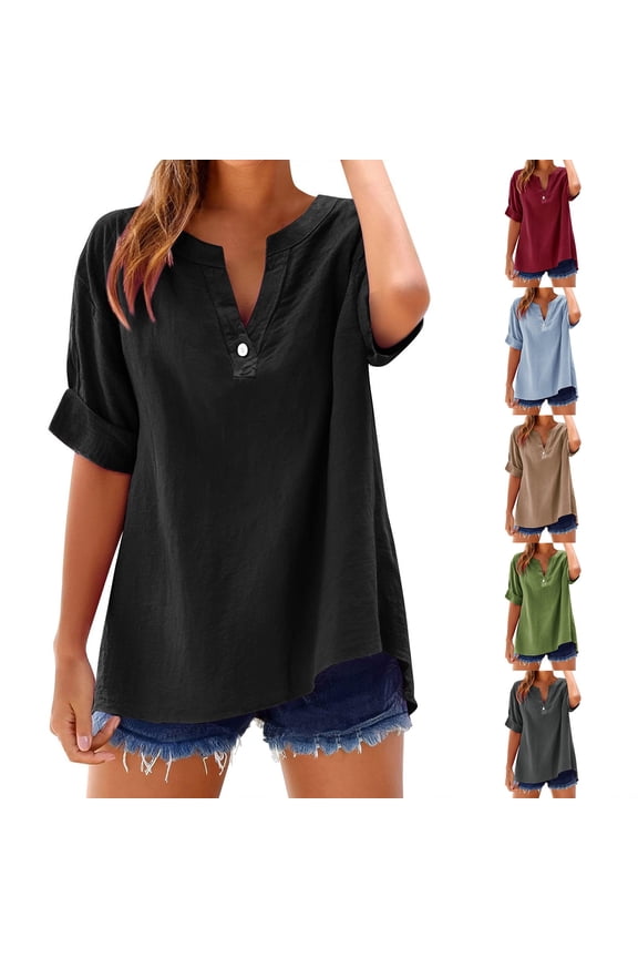 Womens Solid Short Sleeve Button Down Shirts Cotton Linen Short Sleeve Tops V Neck Casual Loose Fit Blouses