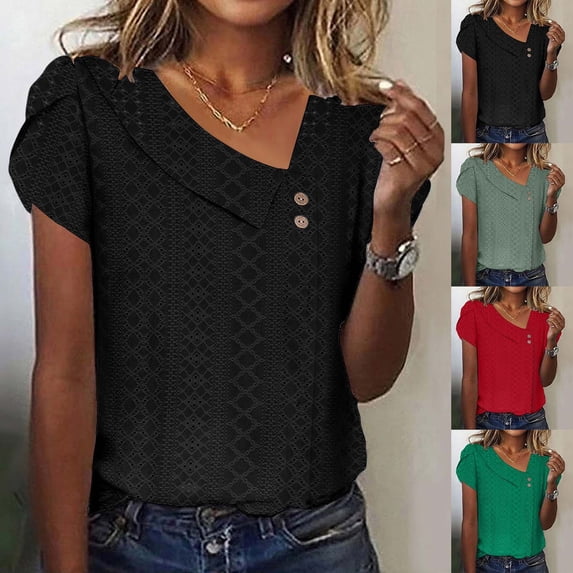 Auralook Womens Solid Short Sleeve Tops Summer Loose V Neck Button Tee Casual Basic T Shirts Blouses