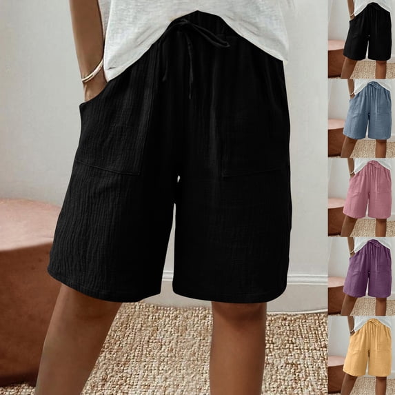 Auralook Womens Solid Shorts Lightweight Shorts Casual 5 Inch Inseam Summer Linen Shorts with Pockets,Yellow,XXXL